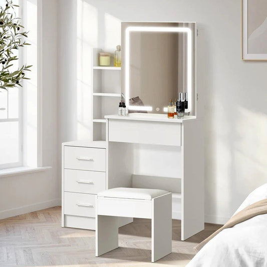 DT-ST-B19-WH-AB Oikiture Dressing Table Stool Set Makeup Slide Mirror LED Light Vanity White