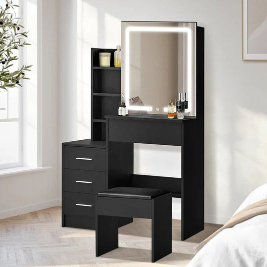 DT-ST-B19-BK-AB Oikiture Dressing Table Stool Set Makeup Slide Mirror LED Light Vanity Black