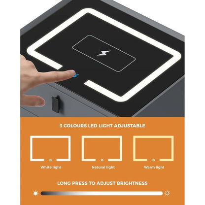 BT-GG-SMA1-50-2D-GY Oikiture Smart Bedside Table Wireless Charging LED 2 Drawers Nightstand Grey
