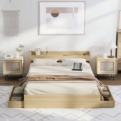 BF-MEXI-K-WD-TC-ABC Oikiture Wooden Bed Frame King Size with Charging Ports & 2 Drawers