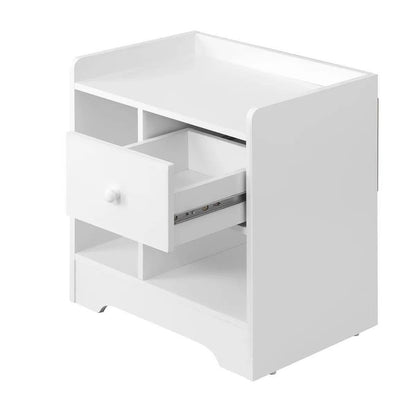 BT-SHEE-WH Oikiture Bedside Tables Side Table White Nightstand Storage Drawer Shelf Bedroom
