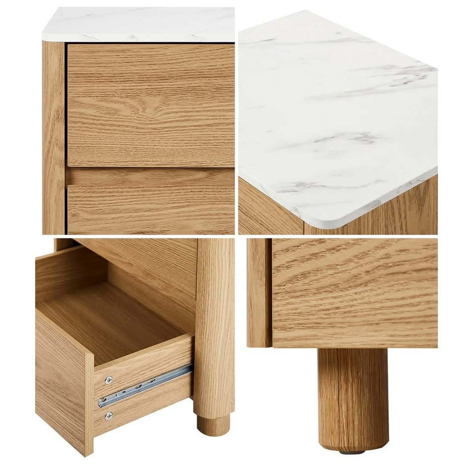 BT-COCO-2D-WD Oikiture Bedside Table Side End Table 2 Drawers Nightstand Marble Top Natural