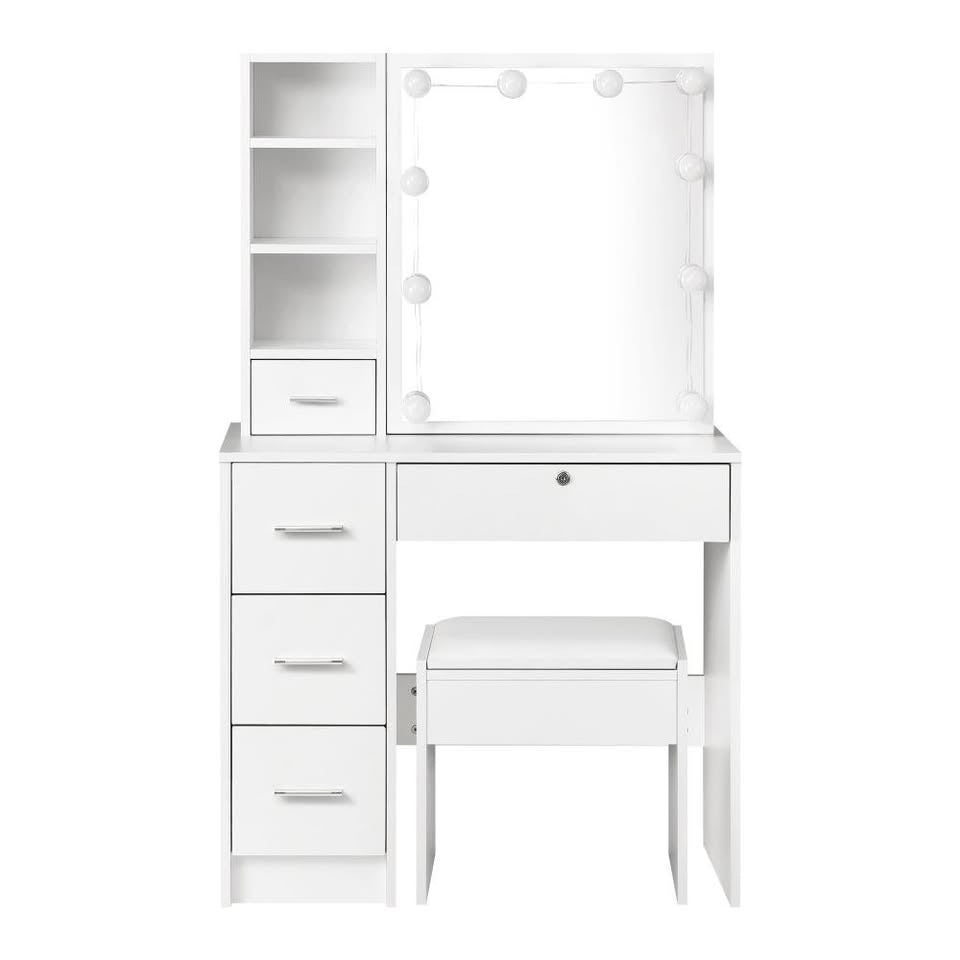 DT-ST-B11-WH-AB Oikiture Dressing Table Stool Set Makeup Slide Mirror Drawer 10 LED Bulbs White