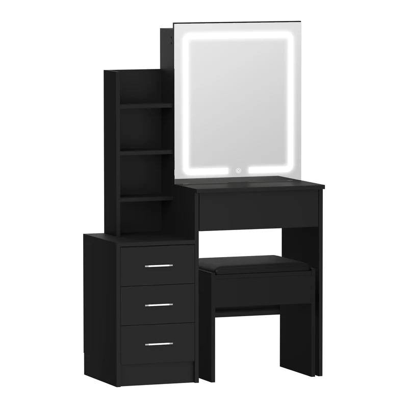 DT-ST-B19-BK-AB Oikiture Dressing Table Stool Set Makeup Slide Mirror LED Light Vanity Black