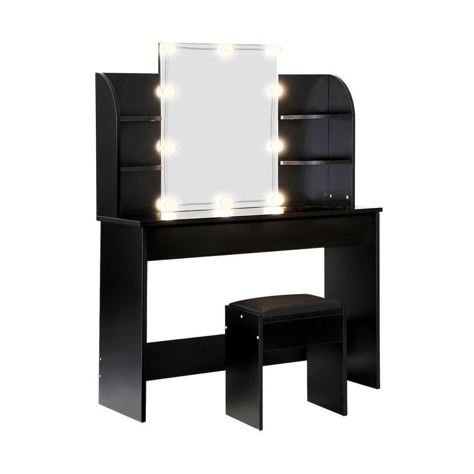 DT-ST-B2-BK-AB Dressing Table Stool Set Makeup Mirror Storage Drawer 10LED Bulbs Black
