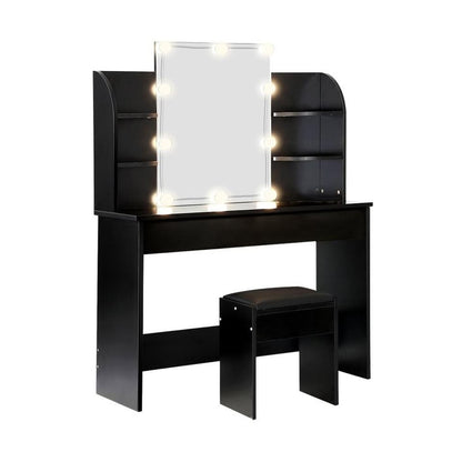 DT-ST-B2-BK-AB Dressing Table Stool Set Makeup Mirror Storage Drawer 10LED Bulbs Black