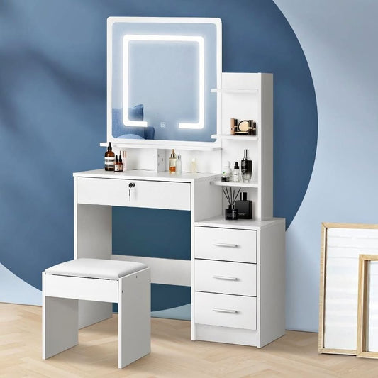 DT-ST-B16-WH-AB Oikiture Dressing Table Stool Set Makeup Mirror LED Light Storage Cabinet White