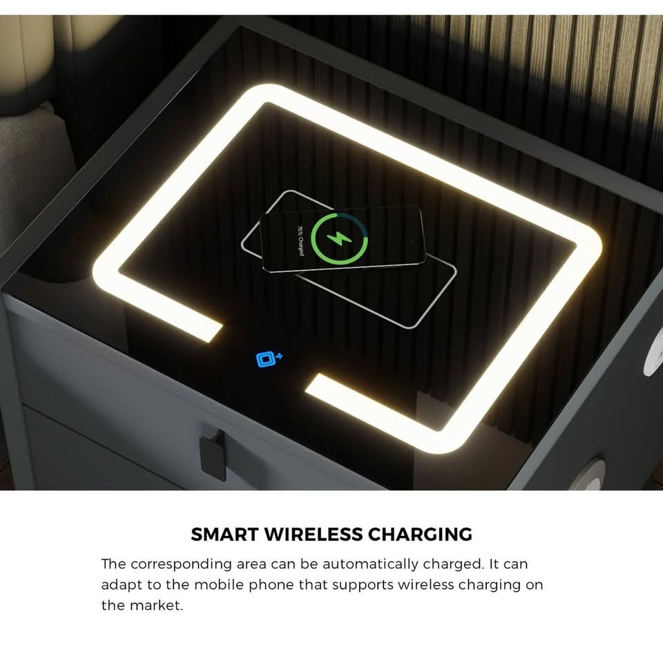 BT-GG-SMA1-50-2D-GY Oikiture Smart Bedside Table Wireless Charging LED 2 Drawers Nightstand Grey