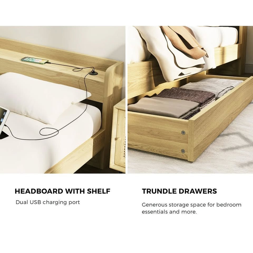 BF-MEXI-K-WD-TC-ABC Oikiture Wooden Bed Frame King Size with Charging Ports & 2 Drawers