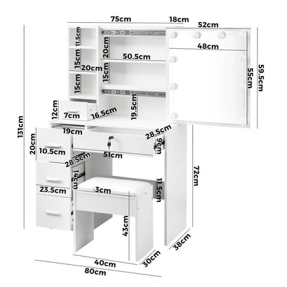 DT-ST-B11-WH-AB Oikiture Dressing Table Stool Set Makeup Slide Mirror Drawer 10 LED Bulbs White