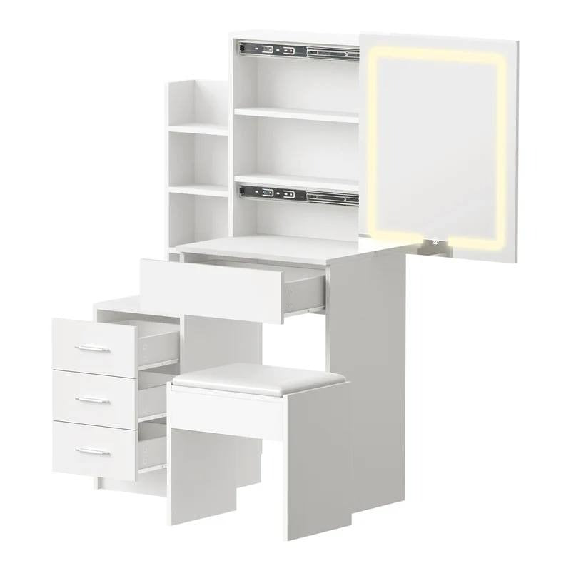 DT-ST-B19-WH-AB Oikiture Dressing Table Stool Set Makeup Slide Mirror LED Light Vanity White