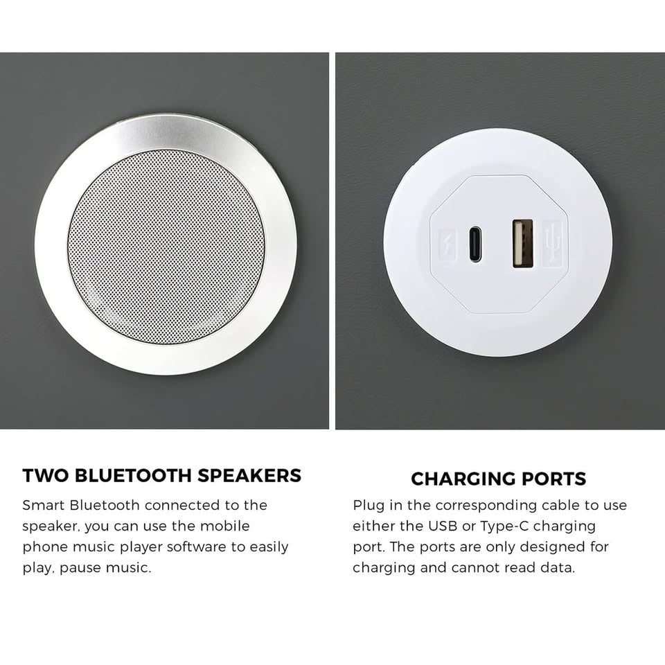 BT-GG-SMA1-50-2D-GY Oikiture Smart Bedside Table Wireless Charging LED 2 Drawers Nightstand Grey