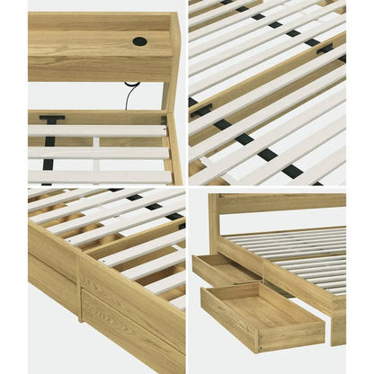 BF-MEXI-K-WD-TC-ABC Oikiture Wooden Bed Frame King Size with Charging Ports & 2 Drawers