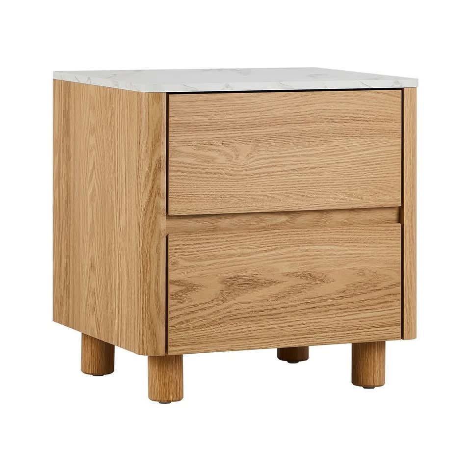 BT-COCO-2D-WD Oikiture Bedside Table Side End Table 2 Drawers Nightstand Marble Top Natural