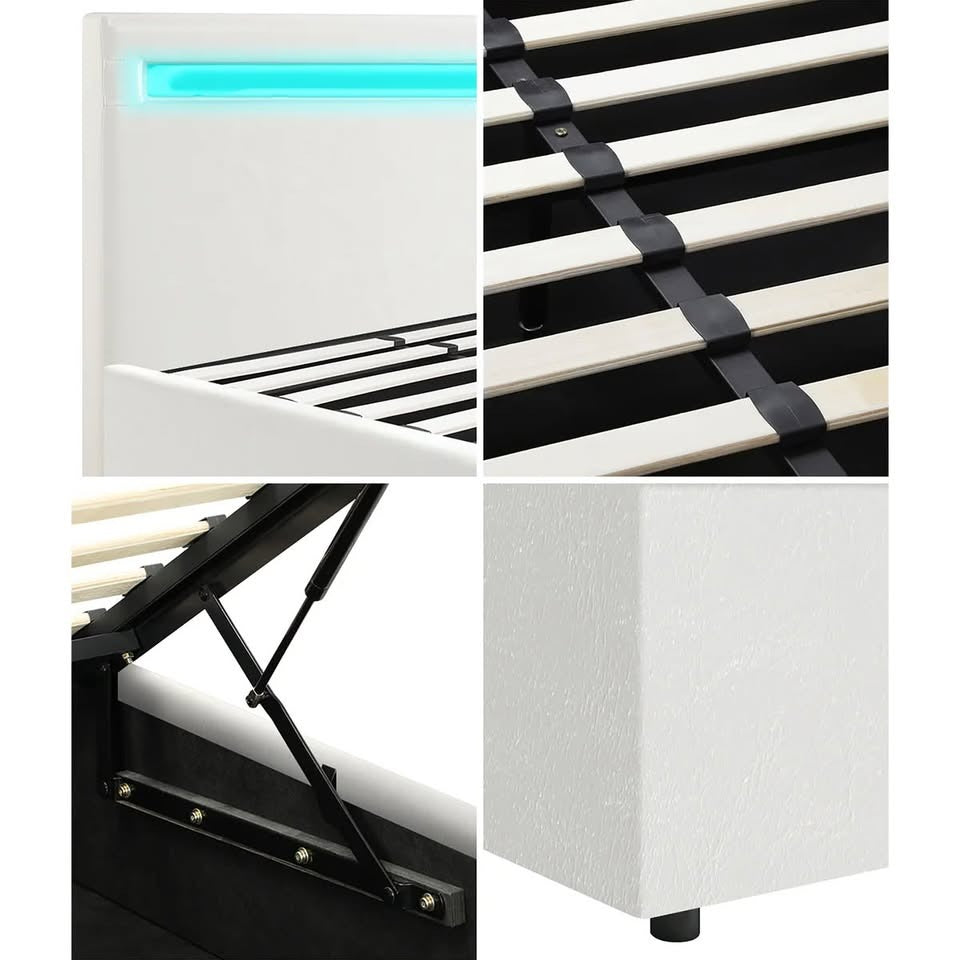 BF-B-MARC-K-WH-ABC Oikiture Bed Frame RGB LED King Size Gas Lift Storage Base White