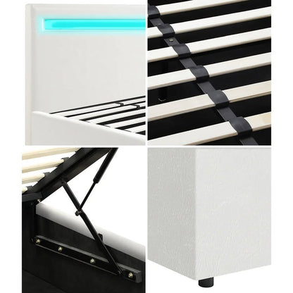 BF-B-MARC-K-WH-ABC Oikiture Bed Frame RGB LED King Size Gas Lift Storage Base White