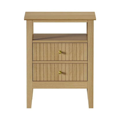BT-PRIN-1S2D-WD Oikiture Bedside Table Two Drawers Side End Table Open Shelf Nightstand Natural