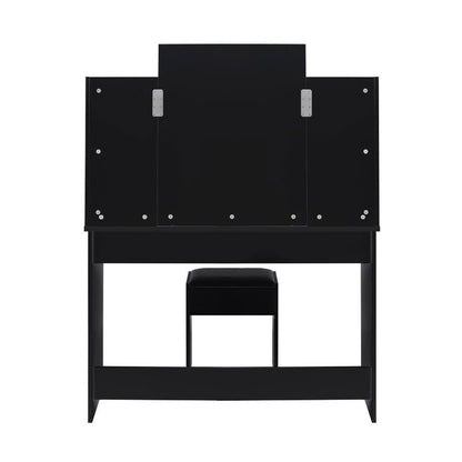 DT-ST-B2-BK-AB Dressing Table Stool Set Makeup Mirror Storage Drawer 10LED Bulbs Black