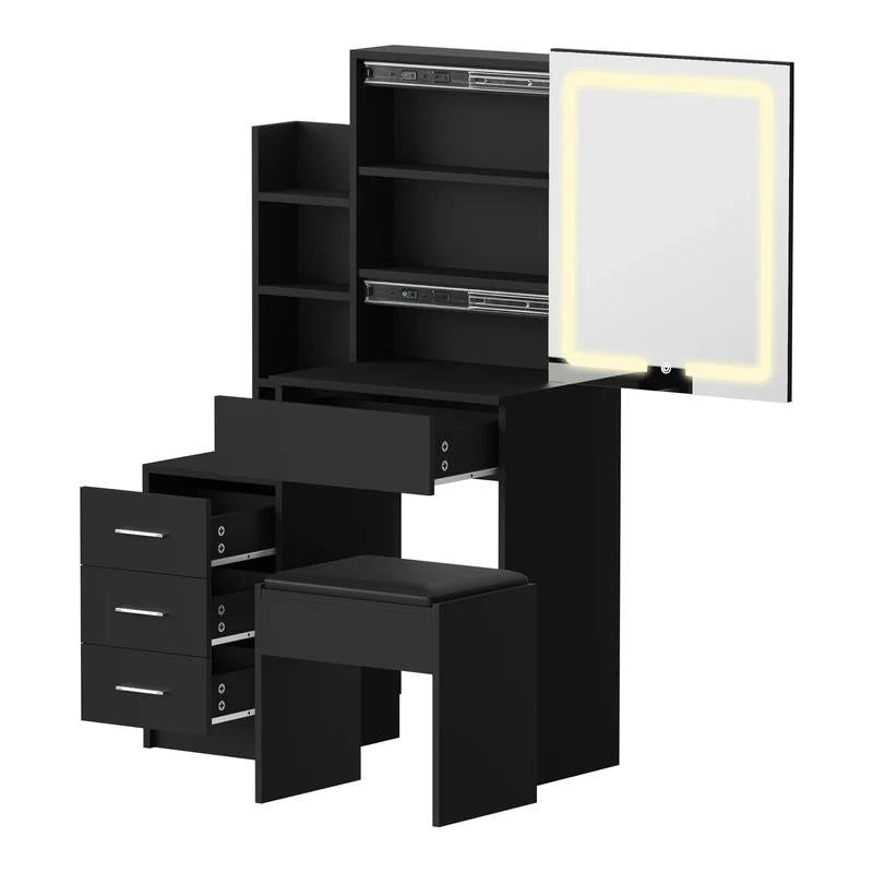 DT-ST-B19-BK-AB Oikiture Dressing Table Stool Set Makeup Slide Mirror LED Light Vanity Black