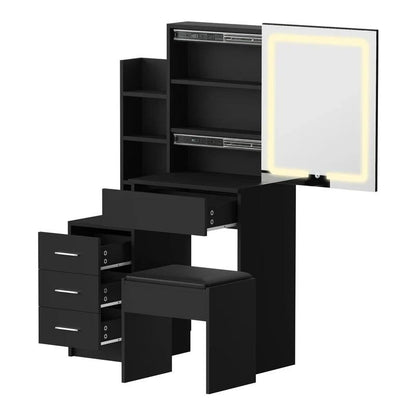 DT-ST-B19-BK-AB Oikiture Dressing Table Stool Set Makeup Slide Mirror LED Light Vanity Black