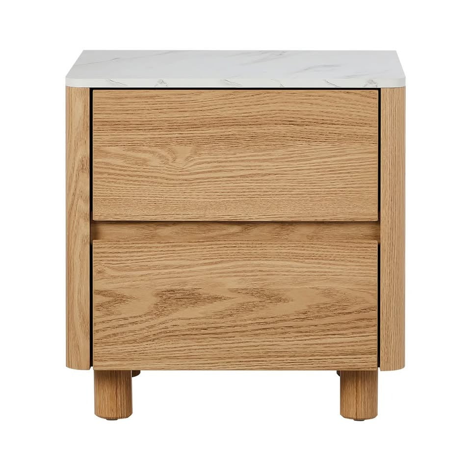 BT-COCO-2D-WD Oikiture Bedside Table Side End Table 2 Drawers Nightstand Marble Top Natural