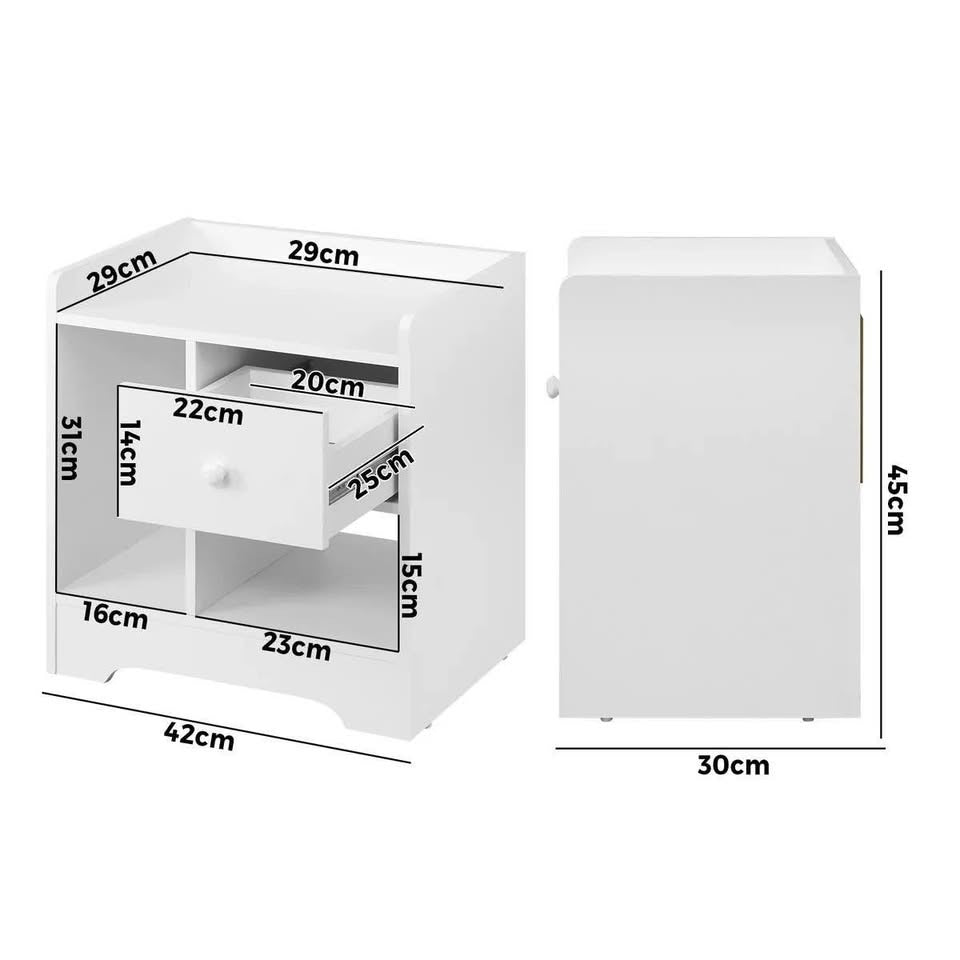 BT-SHEE-WH Oikiture Bedside Tables Side Table White Nightstand Storage Drawer Shelf Bedroom