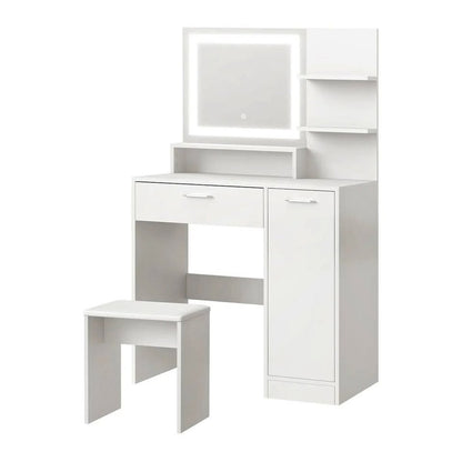 DT-BD-SHE-WH Oikiture Dressing Table Stool Set Makeup Mirror LED Light Large Cabinet White