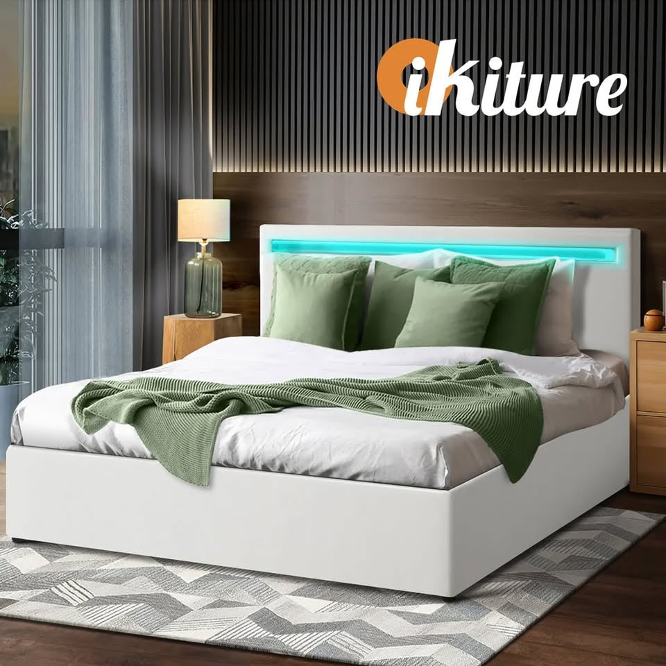 BF-B-MARC-K-WH-ABC Oikiture Bed Frame RGB LED King Size Gas Lift Storage Base White