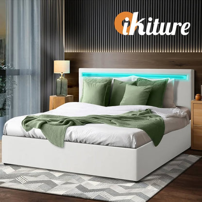 BF-B-MARC-K-WH-ABC Oikiture Bed Frame RGB LED King Size Gas Lift Storage Base White