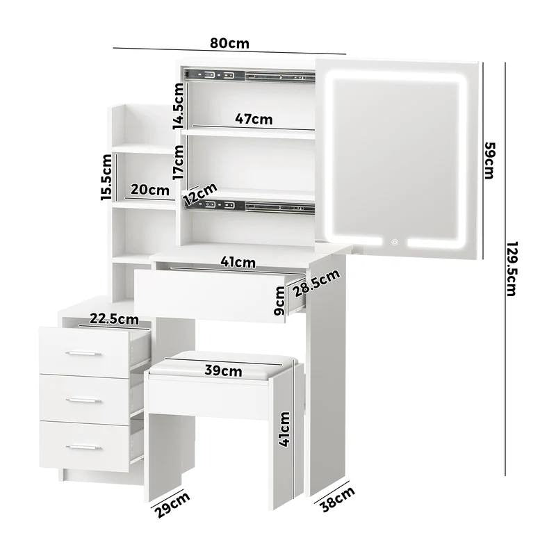 DT-ST-B19-WH-AB Oikiture Dressing Table Stool Set Makeup Slide Mirror LED Light Vanity White