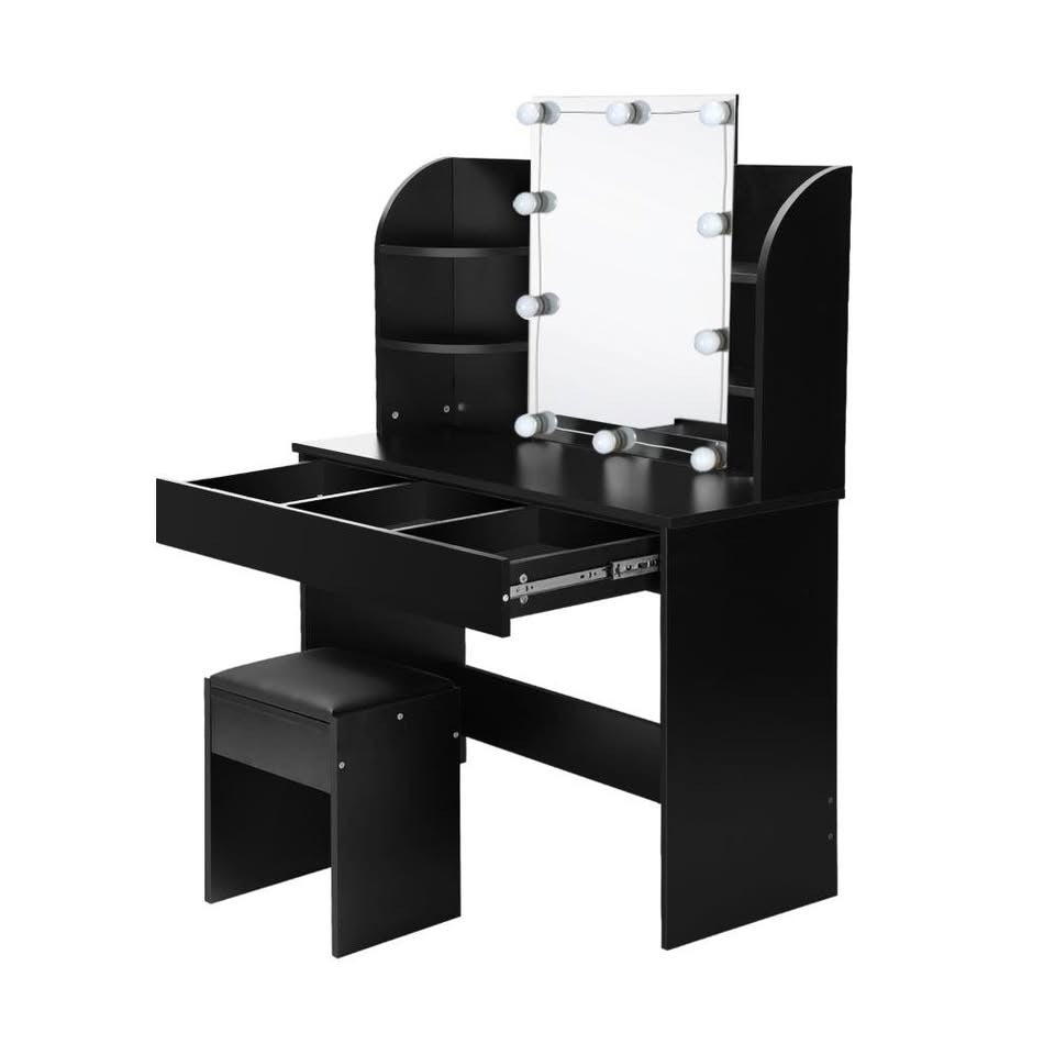 DT-ST-B2-BK-AB Dressing Table Stool Set Makeup Mirror Storage Drawer 10LED Bulbs Black