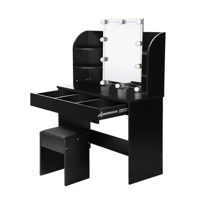 DT-ST-B2-BK-AB Dressing Table Stool Set Makeup Mirror Storage Drawer 10LED Bulbs Black