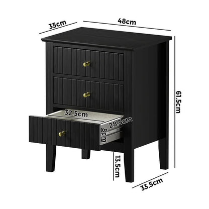 BT-PRIN-3D-BK Oikiture Bedside Table 3 Drawers Side End Storage Furniture Nightstand Black