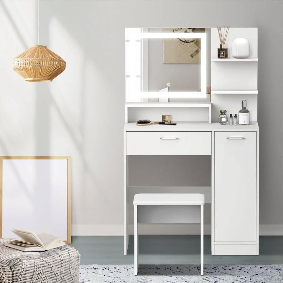 DT-BD-SHE-WH Oikiture Dressing Table Stool Set Makeup Mirror LED Light Large Cabinet White