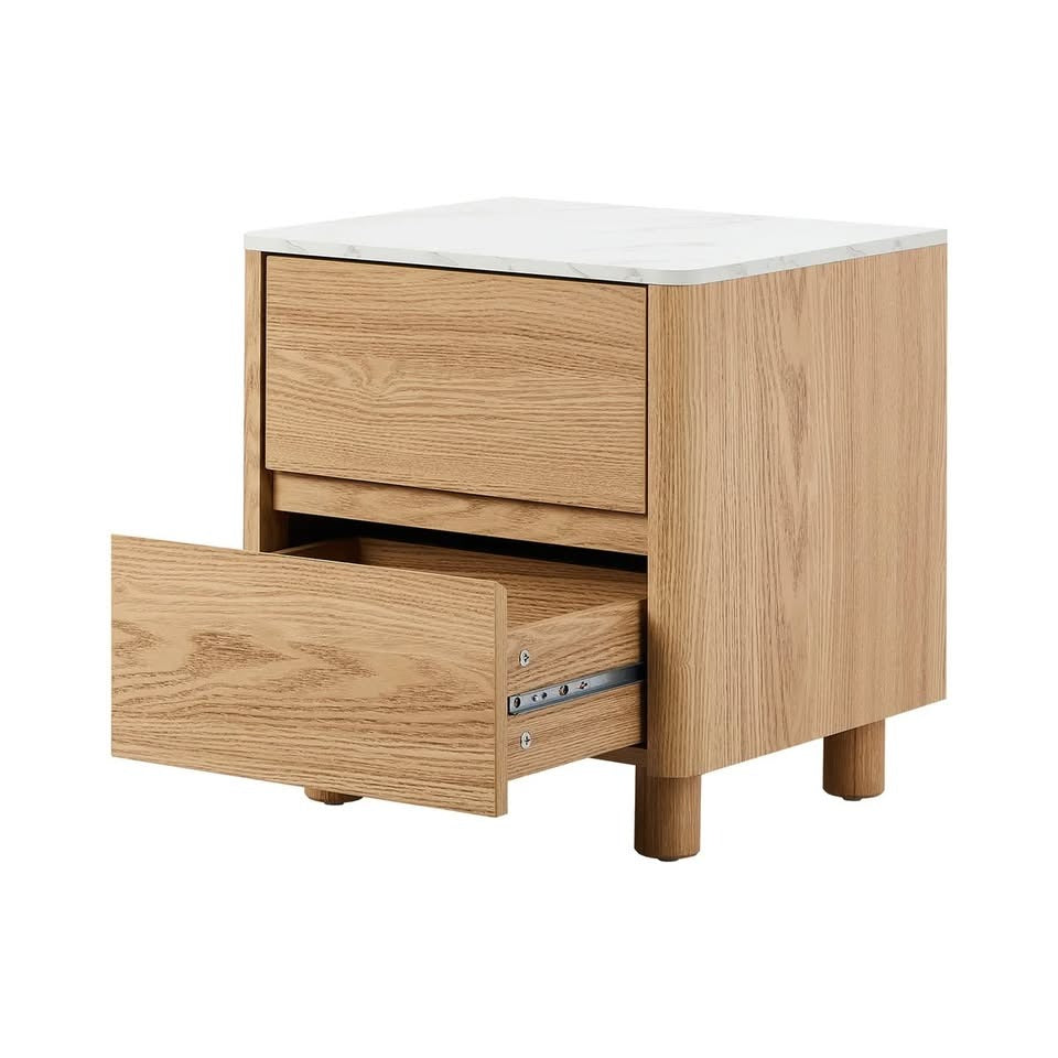 BT-COCO-2D-WD Oikiture Bedside Table Side End Table 2 Drawers Nightstand Marble Top Natural