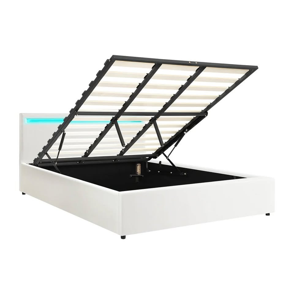 BF-B-MARC-K-WH-ABC Oikiture Bed Frame RGB LED King Size Gas Lift Storage Base White