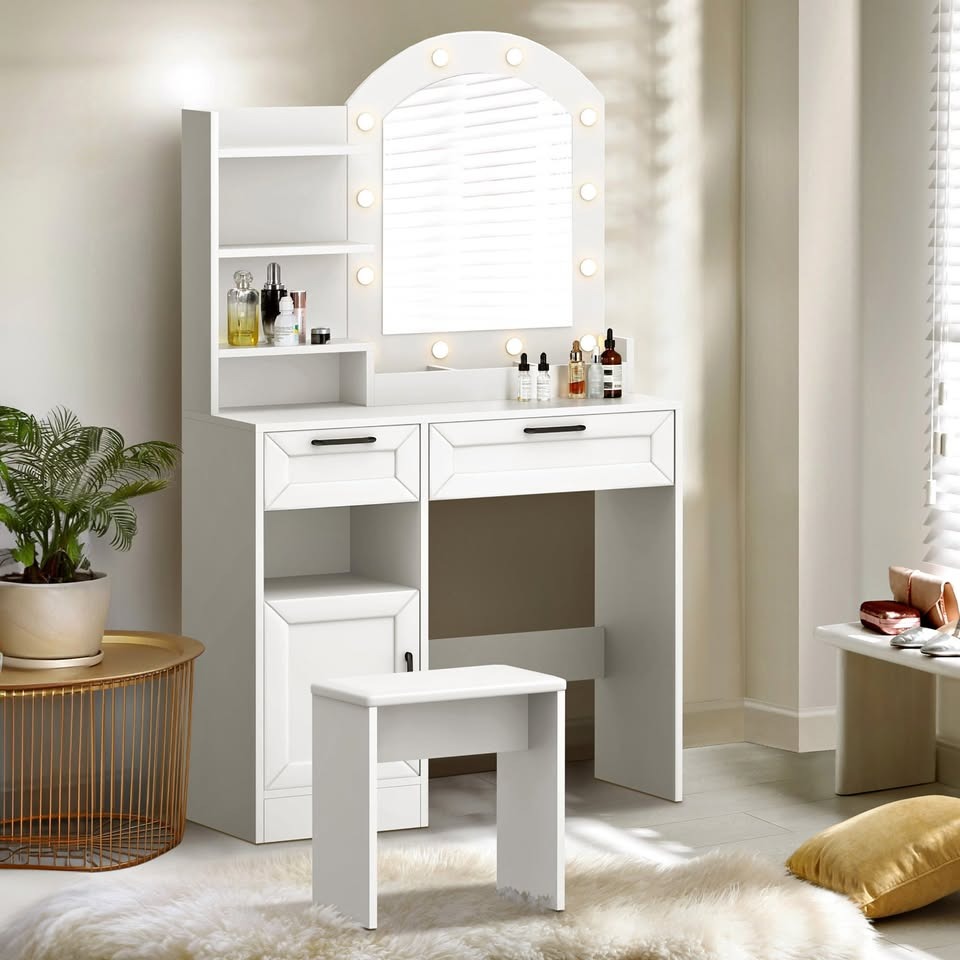 DT-BD-ARCH-WH-AB 2-Piece Diana LED Dressing Table & Stool Set White