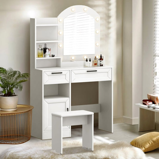DT-BD-ARCH-WH-AB 2-Piece Diana LED Dressing Table & Stool Set White