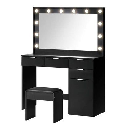 DT-ST-B18-BK-AB Oikiture Dressing Table Stool Set Large Mirror 12 Bulbs Black