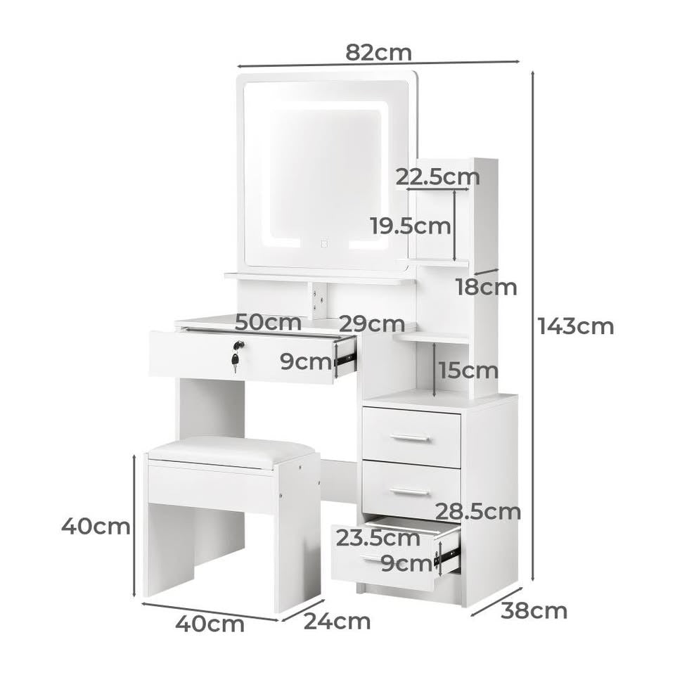 DT-ST-B16-WH-AB Oikiture Dressing Table Stool Set Makeup Mirror LED Light Storage Cabinet White