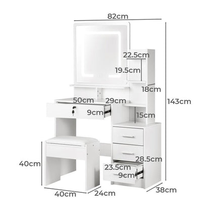 DT-ST-B16-WH-AB Oikiture Dressing Table Stool Set Makeup Mirror LED Light Storage Cabinet White