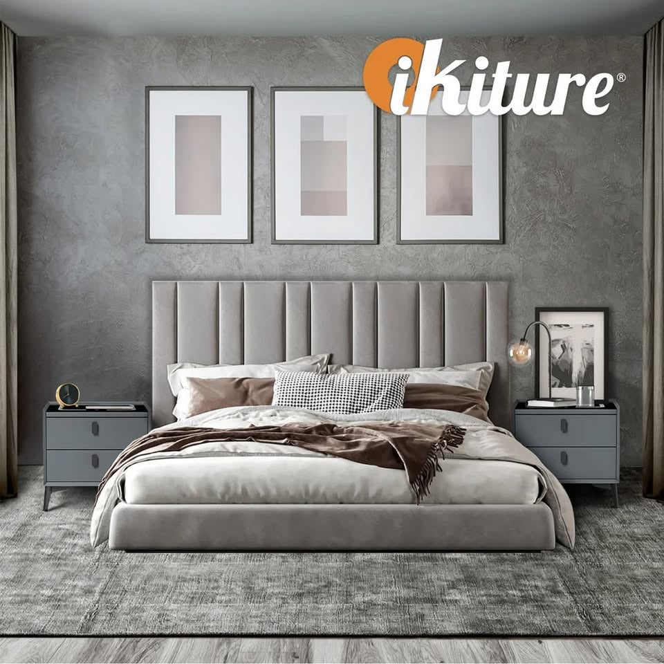 BT-GG-SMA1-50-2D-GY Oikiture Smart Bedside Table Wireless Charging LED 2 Drawers Nightstand Grey
