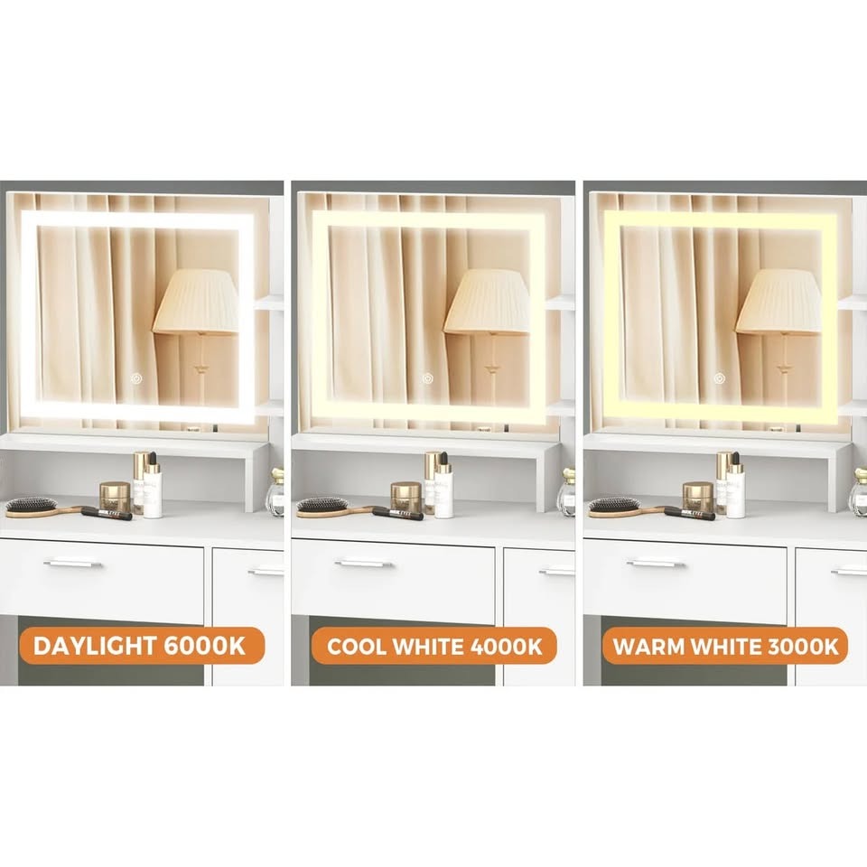 DT-BD-SHE-WH Oikiture Dressing Table Stool Set Makeup Mirror LED Light Large Cabinet White