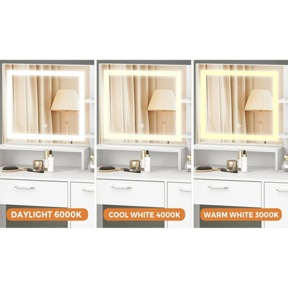 DT-BD-SHE-WH Oikiture Dressing Table Stool Set Makeup Mirror LED Light Large Cabinet White
