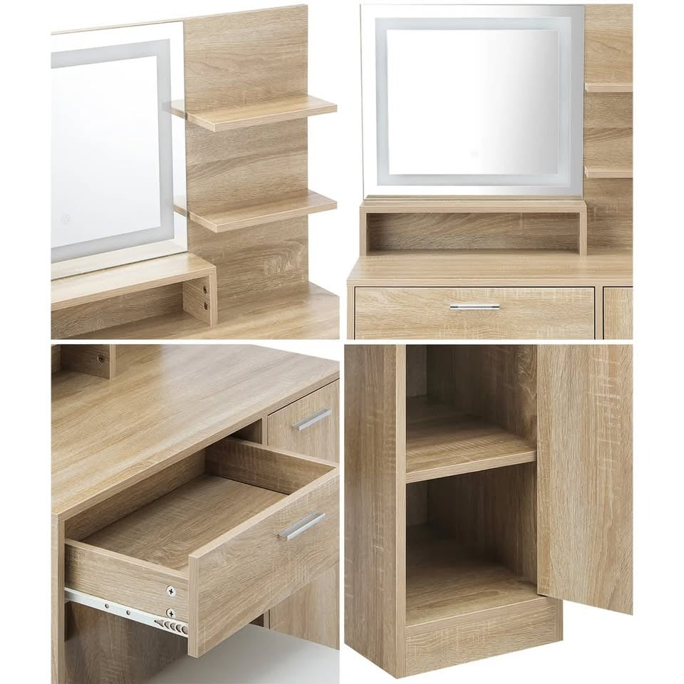 DT-BD-SHE-WD-AB Oikiture Dressing Table Stool Set Makeup Mirror LED Light Large Cabinet Natural