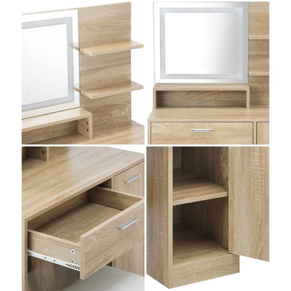 DT-BD-SHE-WD-AB Oikiture Dressing Table Stool Set Makeup Mirror LED Light Large Cabinet Natural