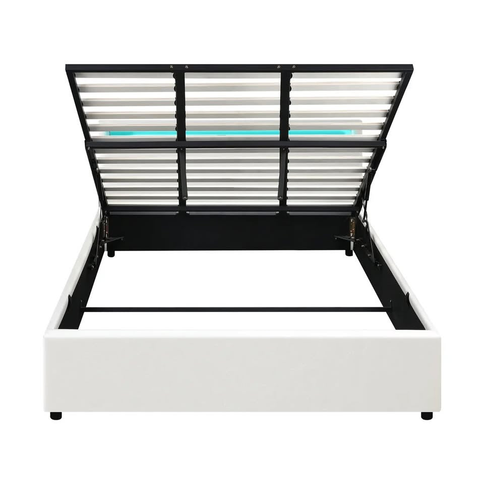 BF-B-MARC-K-WH-ABC Oikiture Bed Frame RGB LED King Size Gas Lift Storage Base White