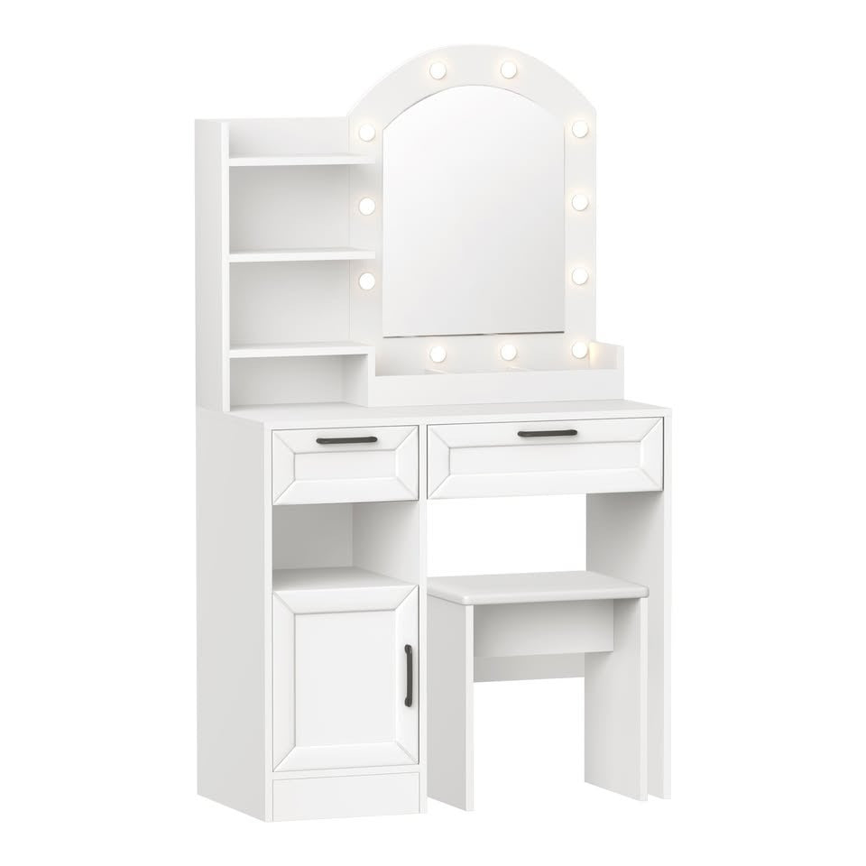 DT-BD-ARCH-WH-AB 2-Piece Diana LED Dressing Table & Stool Set White