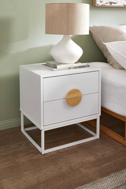 BT-COMO-2D-WH Living Fusion Dalton 2-Drawer Bedside Table Wooden Handles Metal Leg White