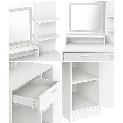 DT-BD-SHE-WH Oikiture Dressing Table Stool Set Makeup Mirror LED Light Large Cabinet White